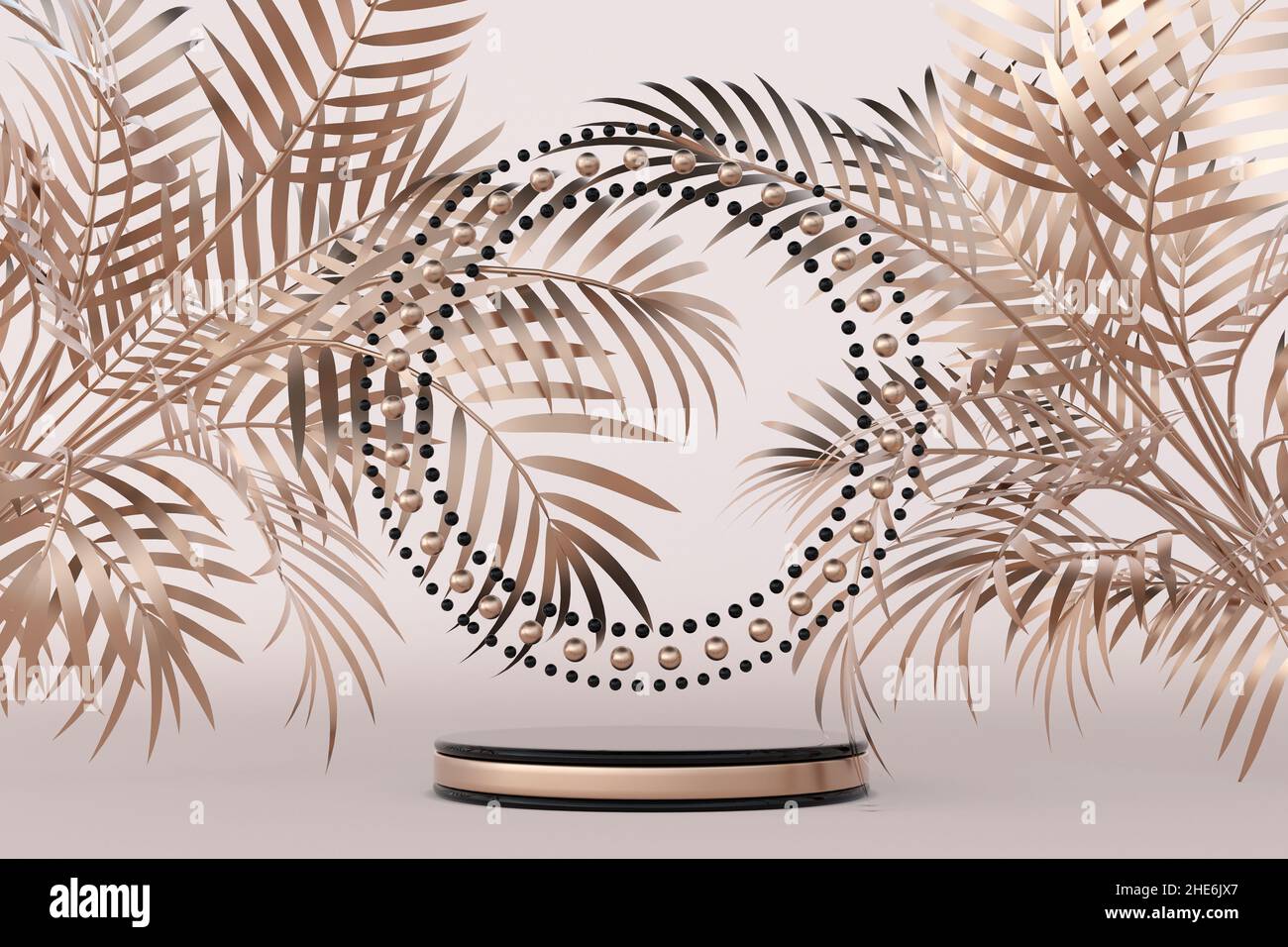 3D golden podium pedestal with abstract palm trees leaves. Geometric ...