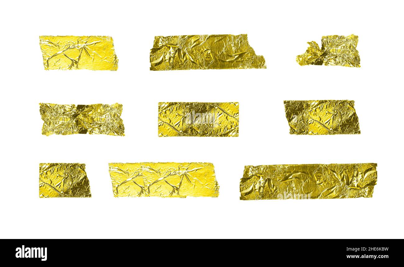 Golden tapes set. Adhesive torn, ripped, crumpled shiny gold paper strips isolated on white background. Stock Photo
