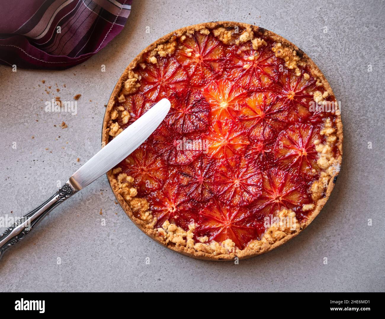 Sweet fruit cake, delicious baked dessert with blood oranges Stock