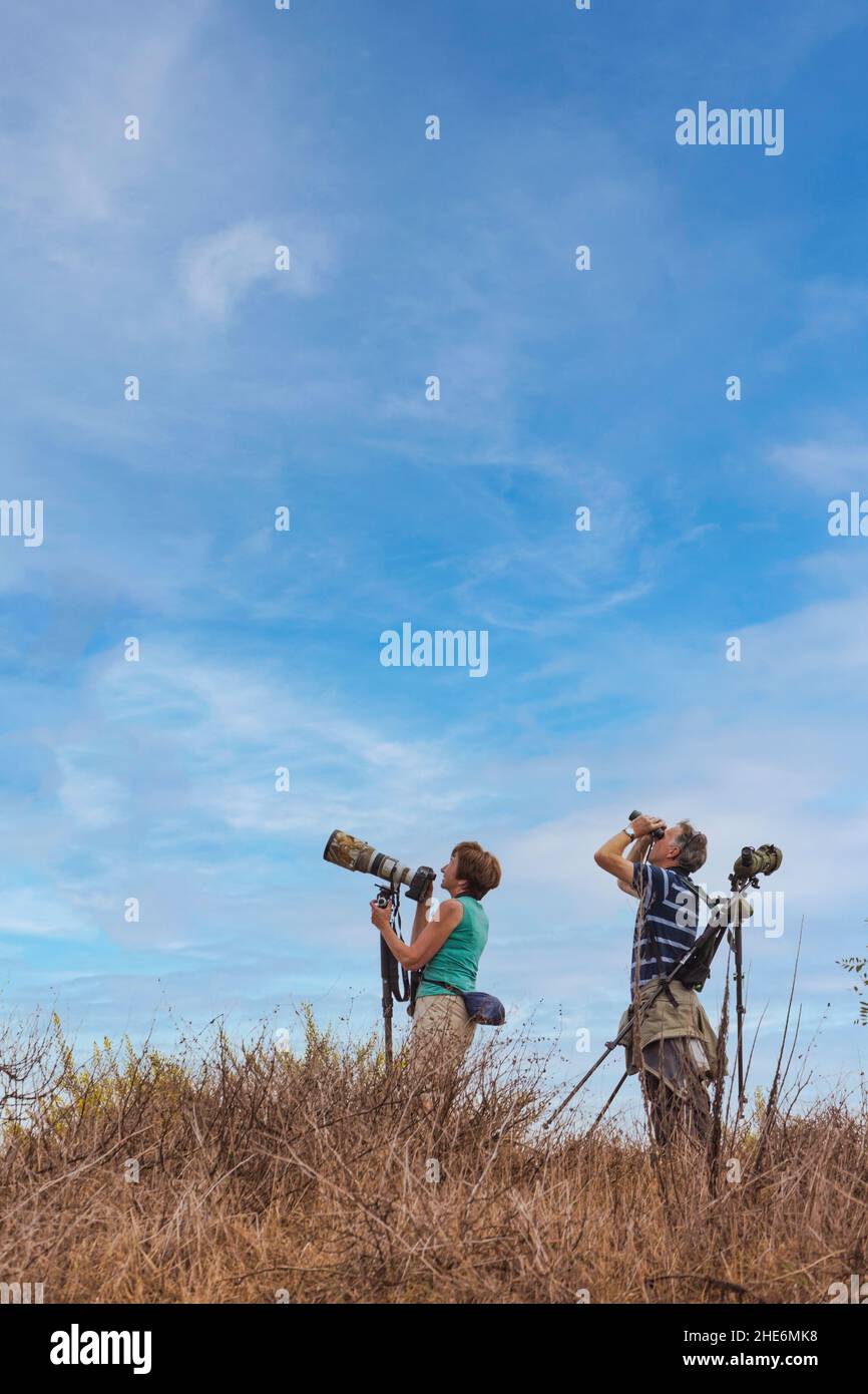 Birdwatchers with their equipment at the mouth of the Rio Guadalhorce, Malaga, Malaga Province, Andalusia, southern Spain. Stock Photo