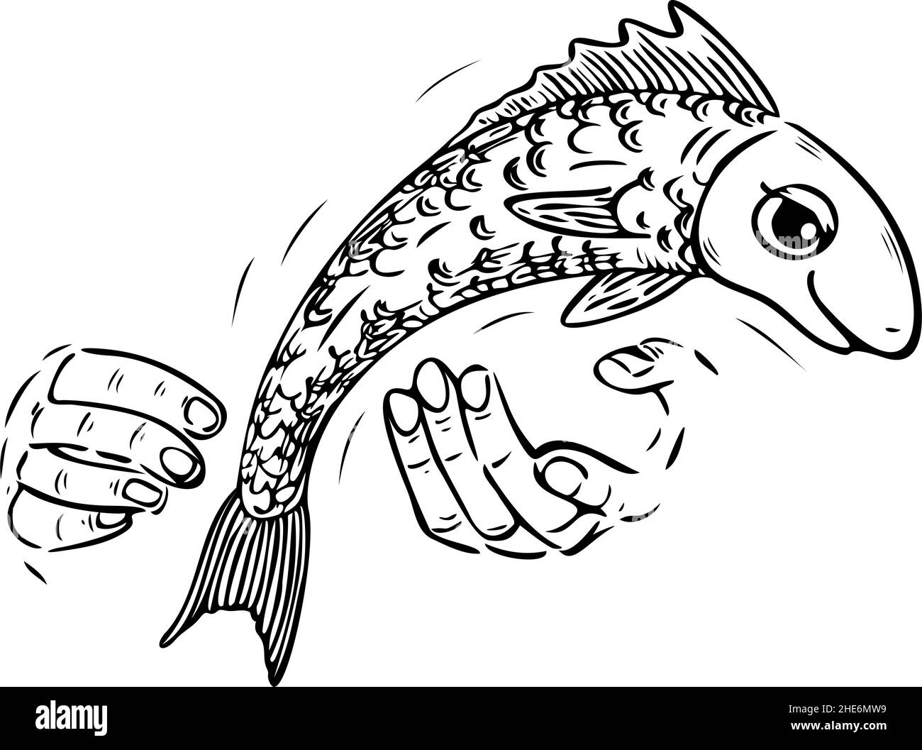 Vector illustration with fish slipping out of fisherman's hands. Black and white illustration of escaping fish. Stock Vector