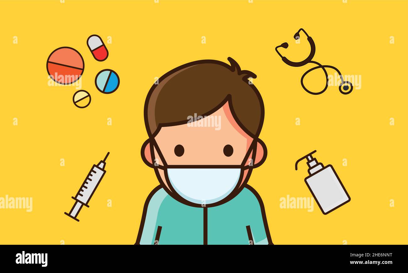 Cartoon illustration of men with covid 19 mask on with a Syringe, hand sanitizer, stethoscope, and pill/capsule Stock Vector