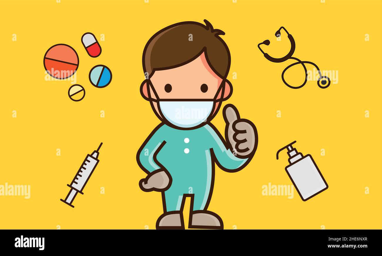 Cartoon illustration of men with covid 19 mask on with a Syringe, hand sanitizer, stethoscope, and pill/capsule Stock Vector