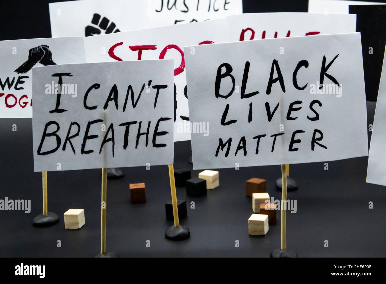Concept of protest, rally, demonstration. Posters with words 'Black lives Matter', 'I can not breathe', Stock Photo