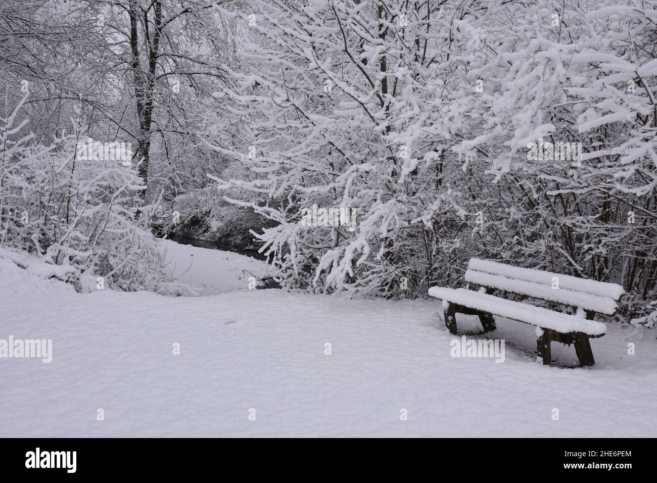 Wooden bench in a park fully covered in snow Stock Photo - Alamy