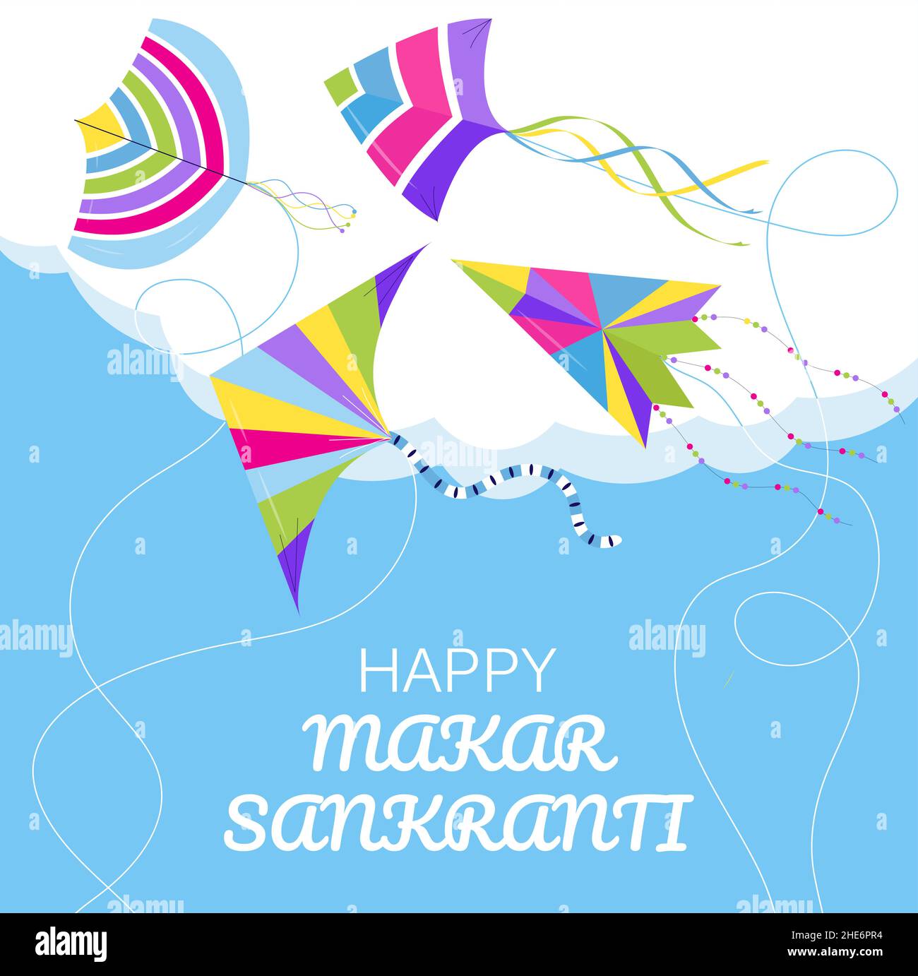 Happy Makar Sankranti vector. Hindi greeting card for web, social net. Makar Sankranti concept with colorful kites in sky Stock Vector