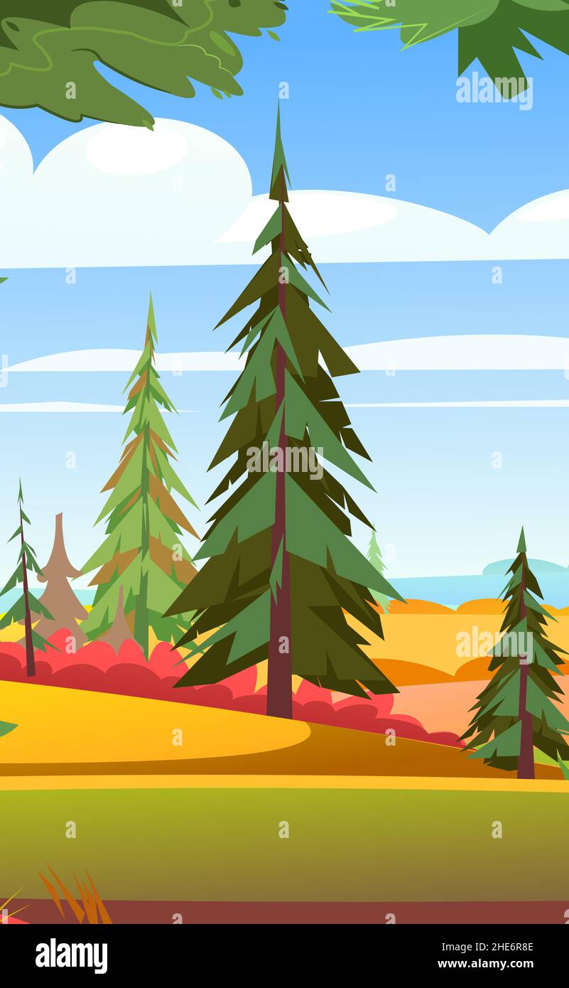 Autumn landscape. Beautiful bright rural scene with orange and yellow grass and plants. Illustration in cartoon style flat design. Vector Stock Vector