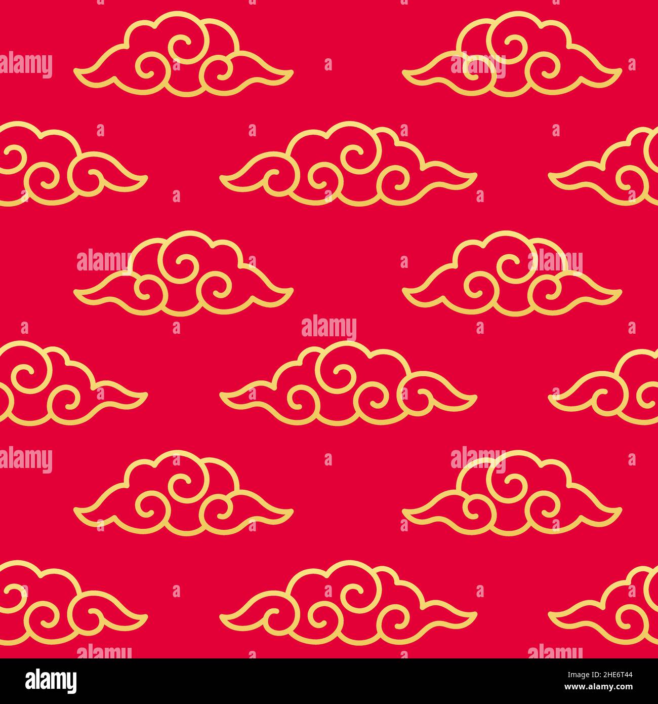Traditional Chinese cloud seamless pattern, golden curly clouds on red background. Vector design element. Stock Vector