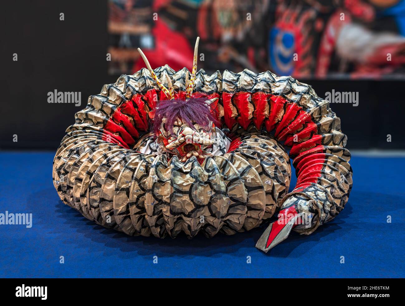 tokyo, japan - august 24 2021: Giant Orochi serpent puppet made in accordion paper used for the Shinto theatrical dance Iwami Kagura depicting the sto Stock Photo