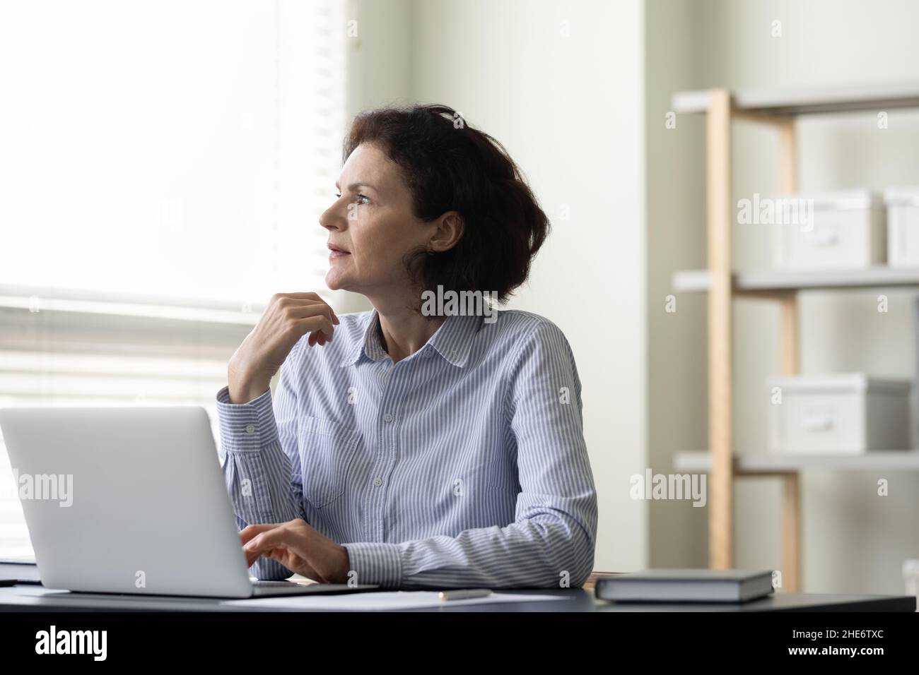 Thoughtful middle aged businesswoman working on computer. Stock Photo