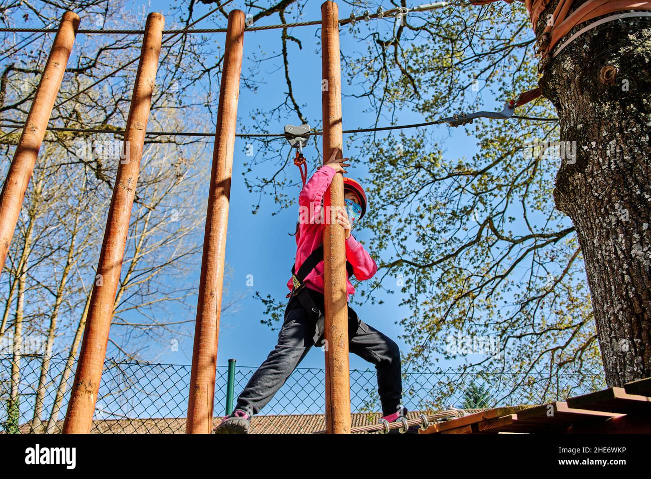 Little girl with protections practicing climbing between trees with ropes and nets Stock Photo