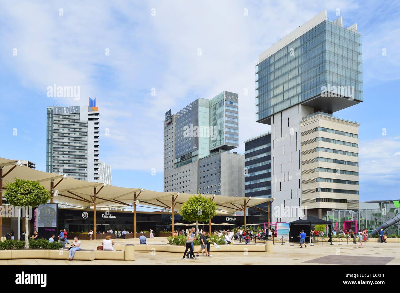 Centro Comercial Diagonal Mar - modern shopping mall outside terrace and high rise properties in Sant Marti district of Barcelona Spain. Stock Photo