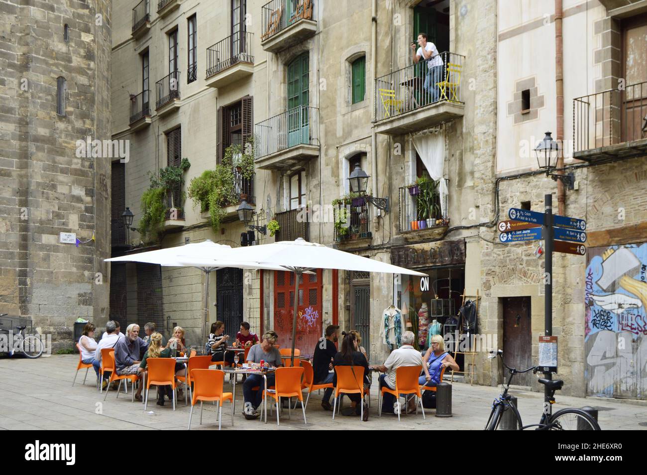 Old Town restaurant outside seating Barri Gotic district in Barcelona Spain Europe Stock Photo