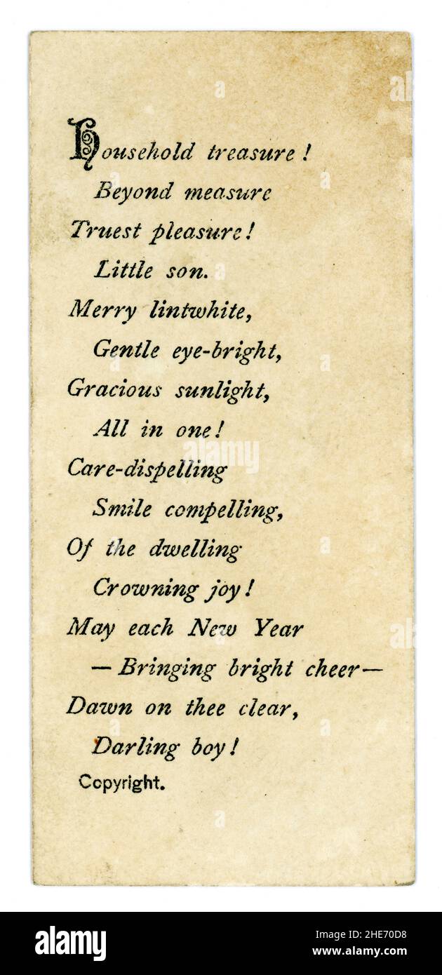 Reverse of original Victorian seasonal  scrapbook card cutting with sentimental verse, New Years greetings, late 1890's, UK Stock Photo