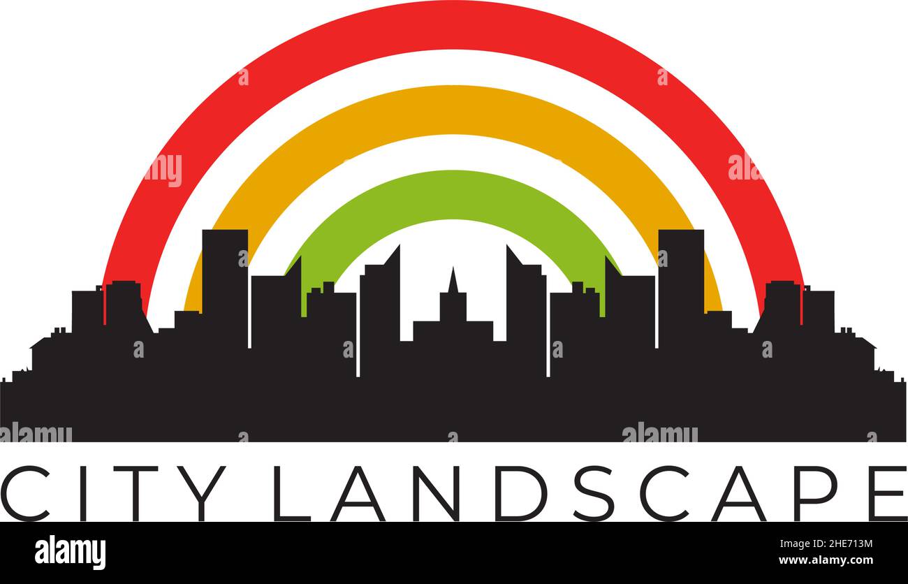 City scape silhouette logo with vector rainbow background design Stock Vector