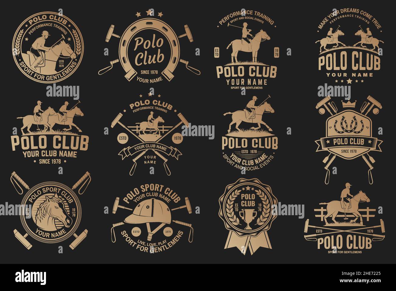 Set of polo club sport badges, patches, emblems, logos. Vector  illustration. Vintage monochrome label with rider and horse silhouettes.  Polo club Stock Vector Image & Art - Alamy
