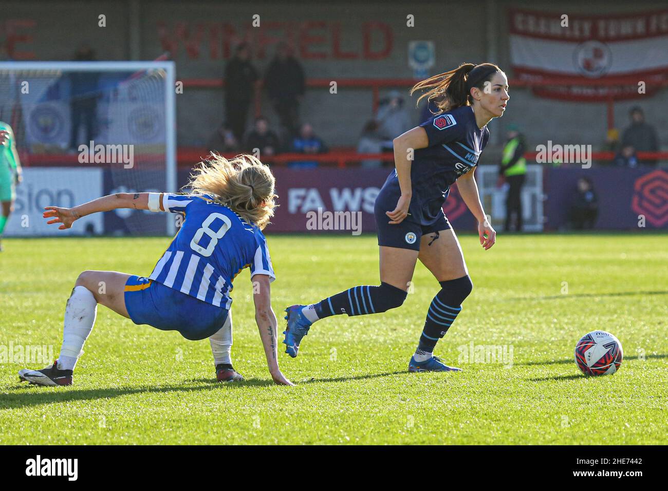 Crawley, UK. 01st Dec, 2019. Crawley, England, Jan 9th 2022: Vicky Losada (17 Manchester City) sends Megan Connolly (8 Brighton) to the floor as she runs towards goal during the Barclays FA Womens Super League game between Brighton & Hove Albion and Manchester City at The People's Pension Stadium in Crawley. Jordan Colborne/SPP Credit: SPP Sport Press Photo. /Alamy Live News Stock Photo