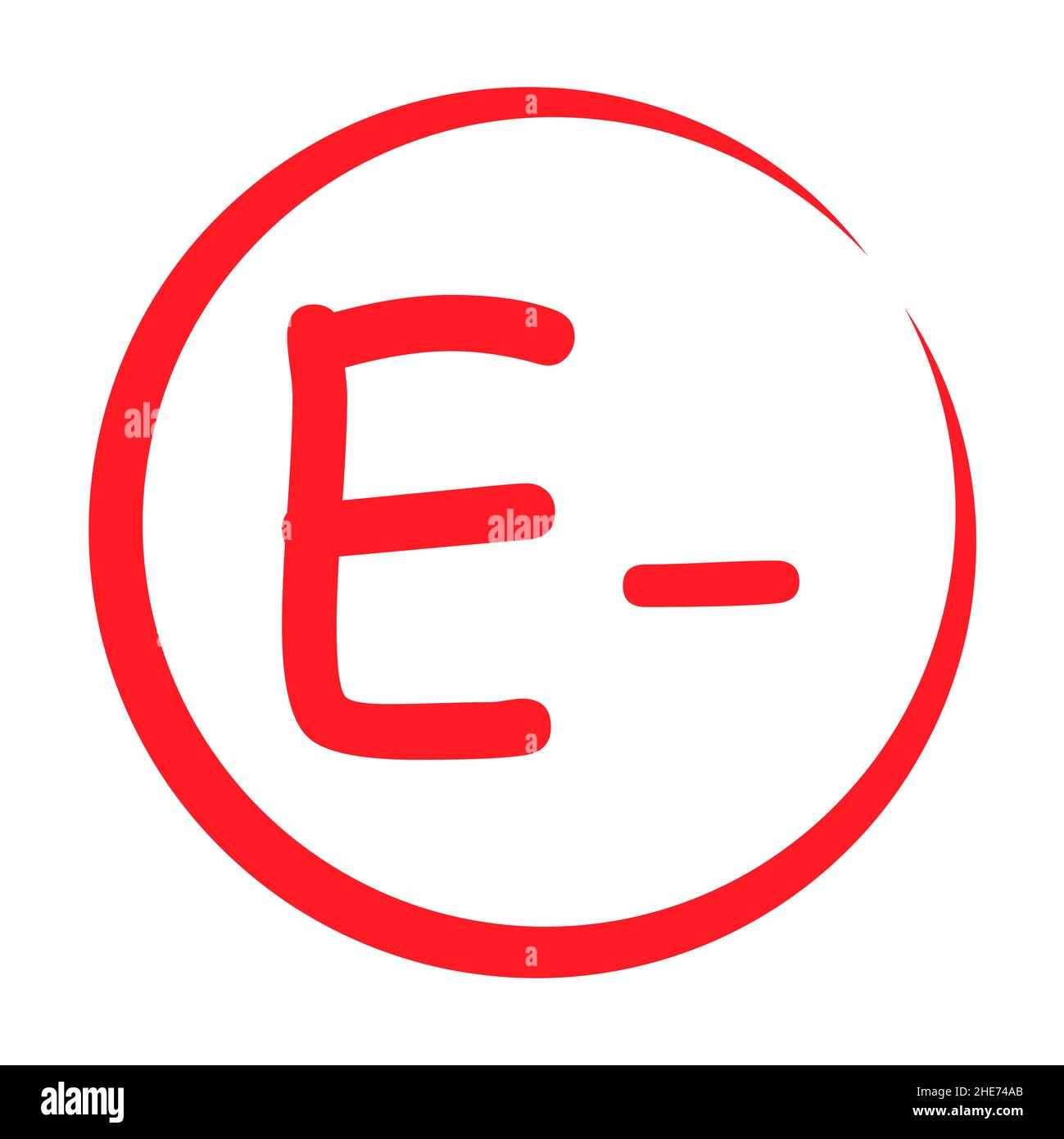 Grade result E minus. Hand drawn icon in red color. Test exam mark