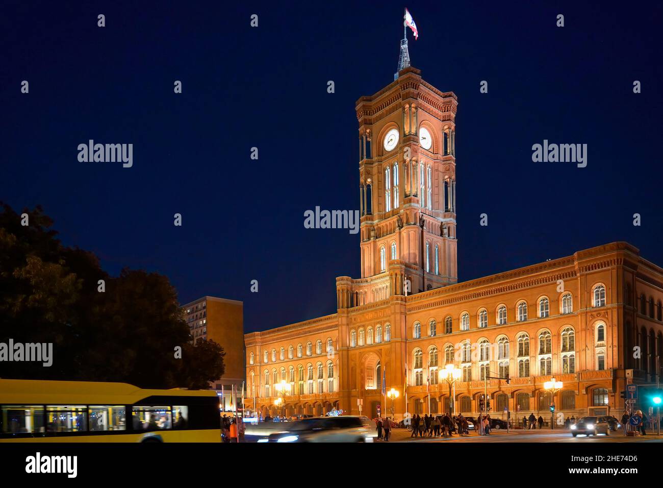 Illuminated Red Town Hall, Berlin Mitte district, Berlin, Germany Stock Photo