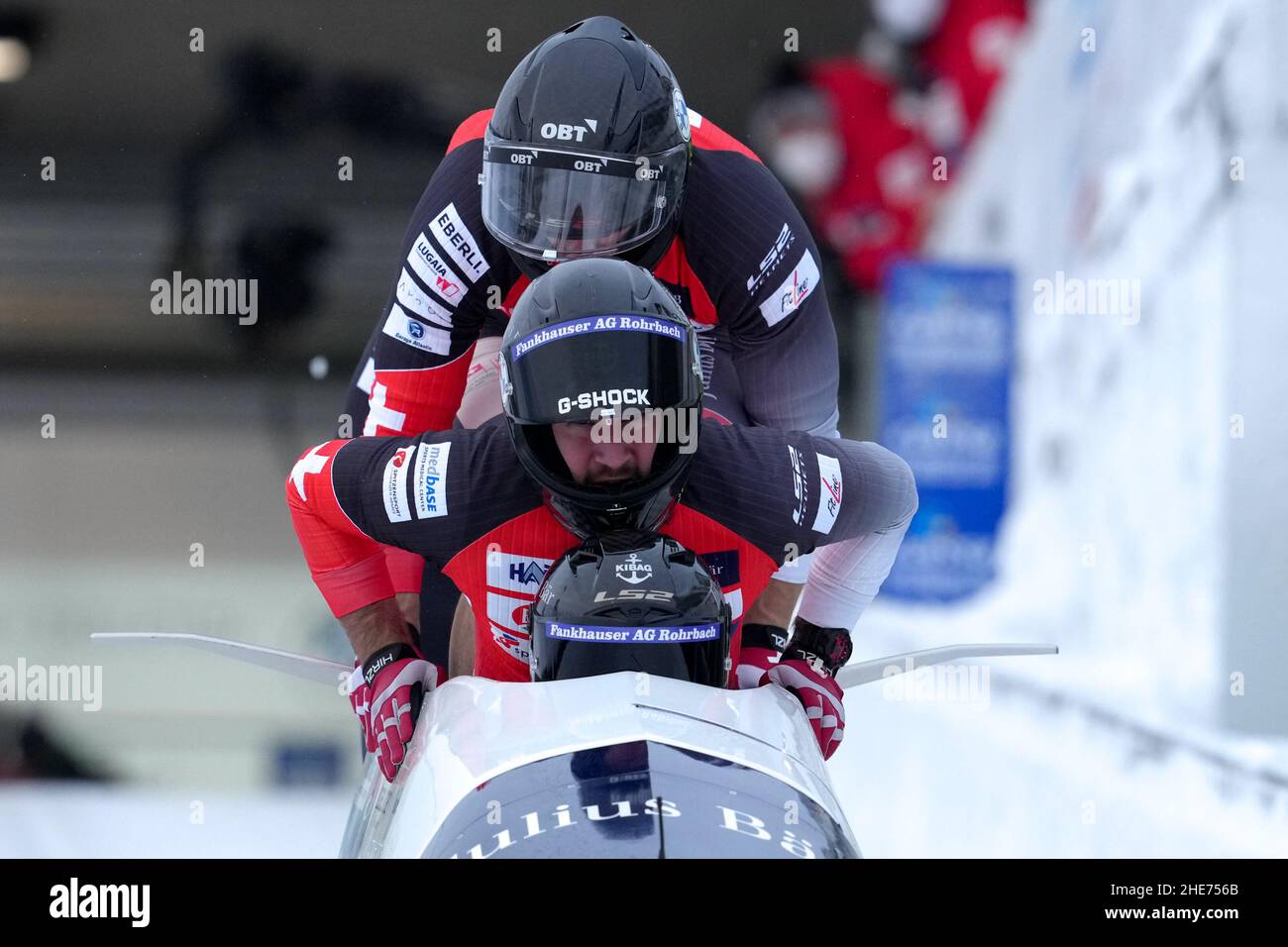 Winterberg, Germany. 09th Jan, 2022. WINTERBERG, GERMANY - JANUARY 9: Simon Friedli, Adrian Faessler, Fabio Badraun, Andreas Haas of Switzerland compete in the 4-man Bobsleigh during the BMW IBSF Bob & Skeleton World Cup at VELTINS-EisArena on January 9, 2022 in Winterberg, Germany (Photo by Patrick Goosen/Orange Pictures) Credit: Orange Pics BV/Alamy Live News Stock Photo