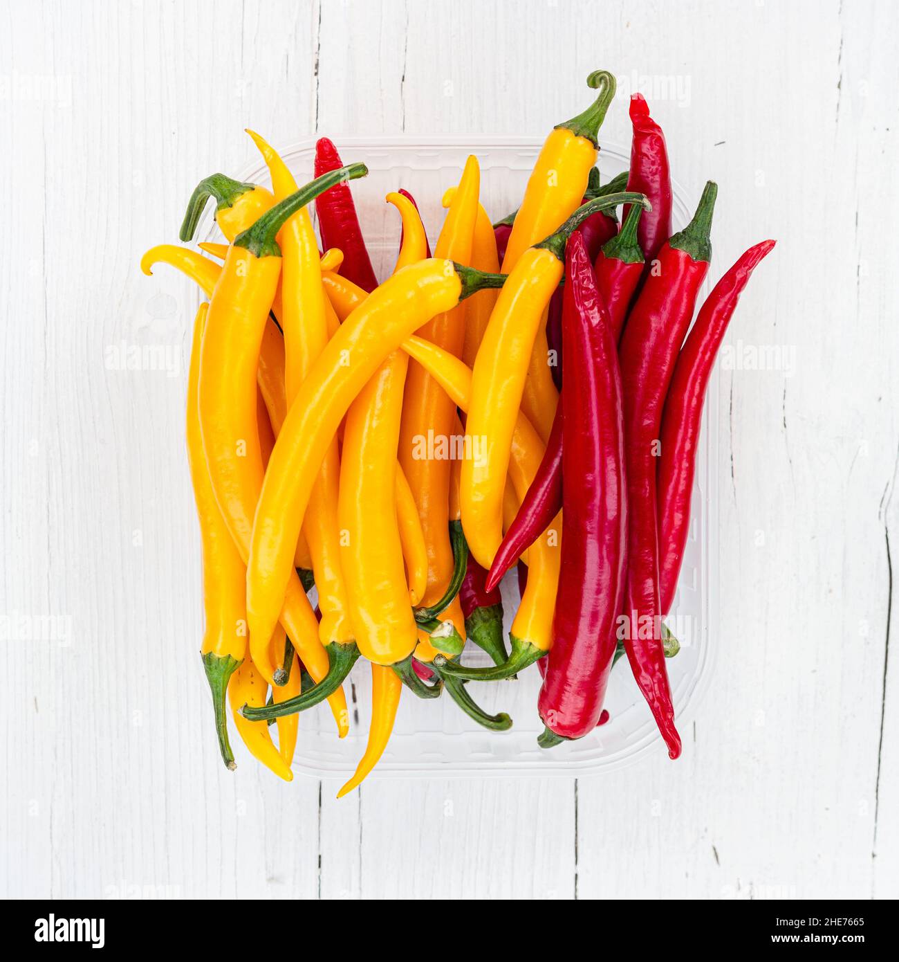 Directly above shot of Fresh hot chilli peppers in a bowl Stock Photo