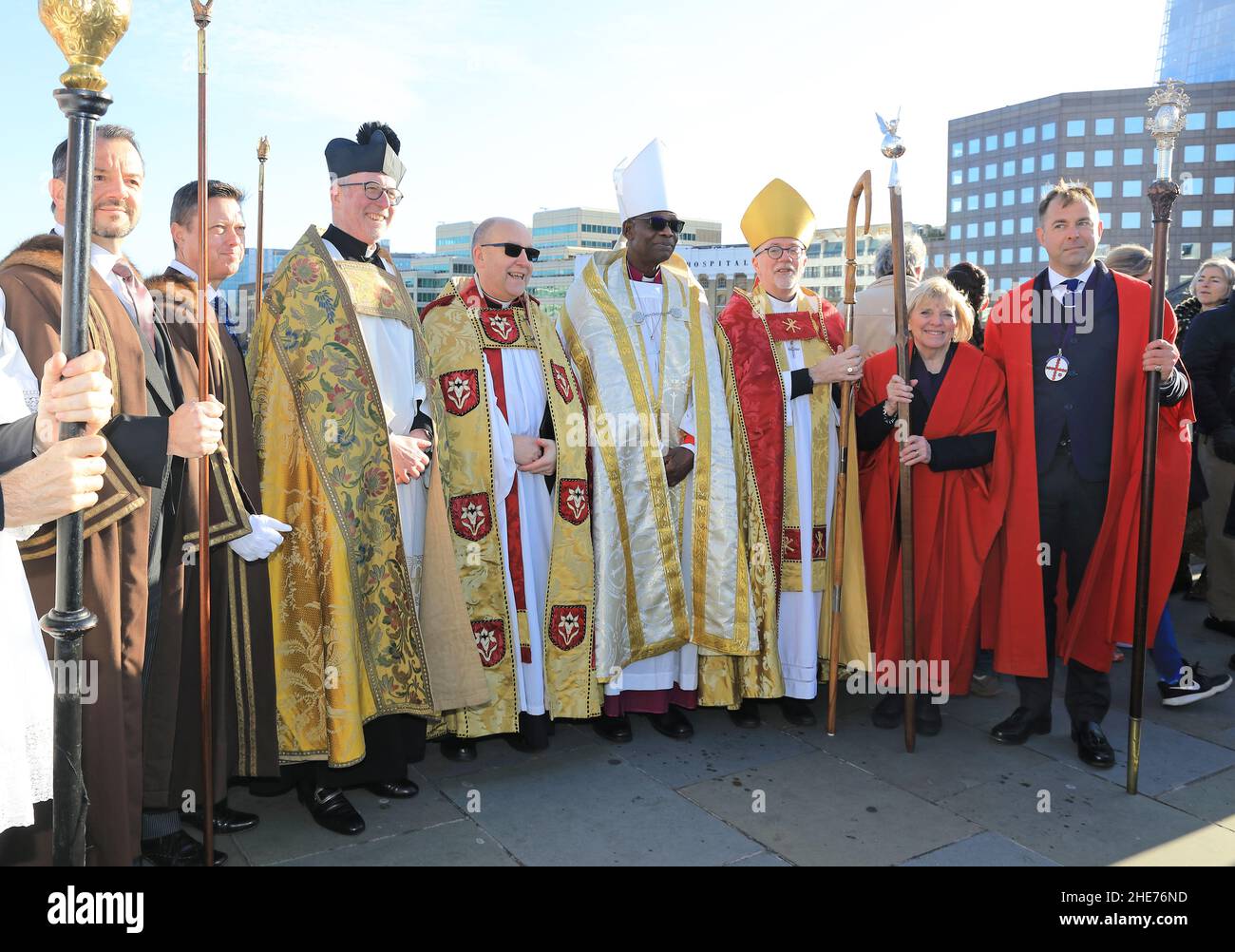 London, UK, January 9th 2022. The Bishop of Southwark Cathedral joined clergy and congregation from St Magnus the Martyr church in a service blessing the Thames and all those who use London's great river. This year they were lucky to have beautiful sunny weather. Monica Wells/Alamy Live News Stock Photo