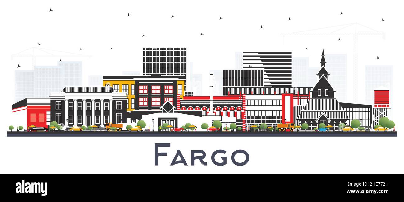 Fargo North Dakota City Skyline with Color Buildings Isolated on White. Vector Illustration. Fargo USA Cityscape with Landmarks. Business Travel and T Stock Vector