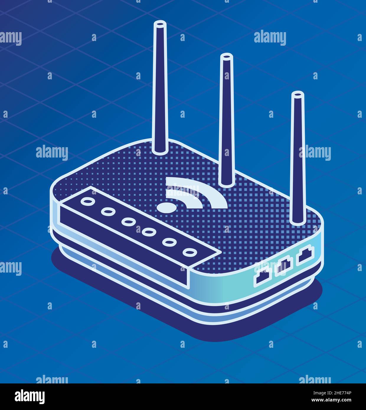 Isometric Network Router. Vector Illustration. Outline Wifi Wireless Router with Antennas on Blue Background. Stock Vector