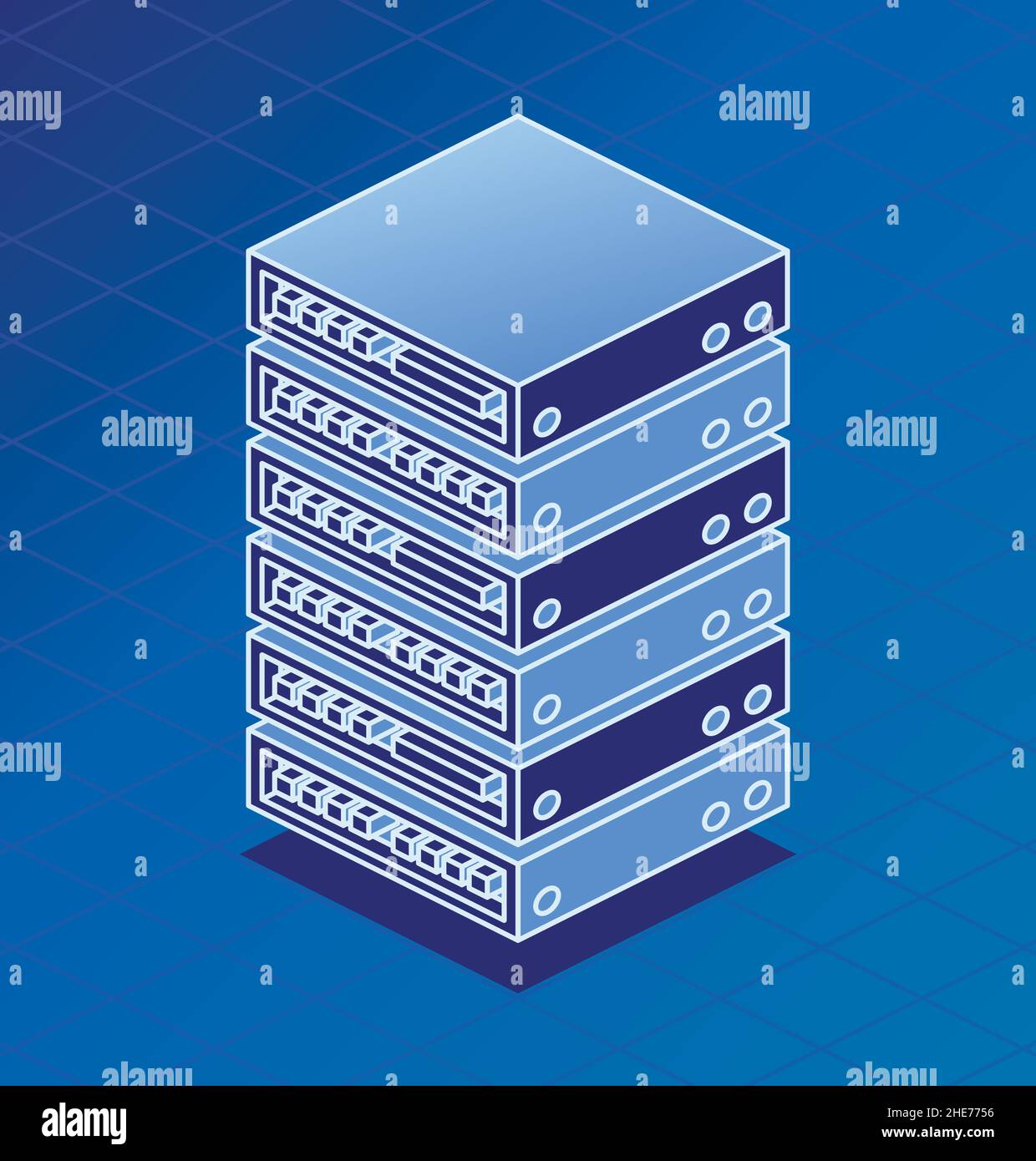 Server Rack Isometric Outline Object on Blue Background. Vector Illustration. Unit of Data Center. 3d Icon. Stock Vector
