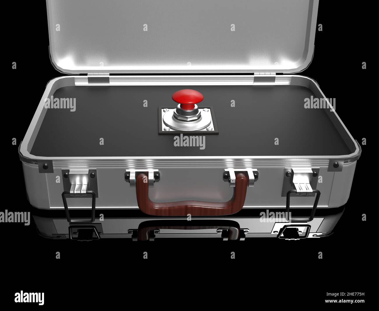 3D rendering. Open nuclear briefcase with red button Stock Photo Alamy