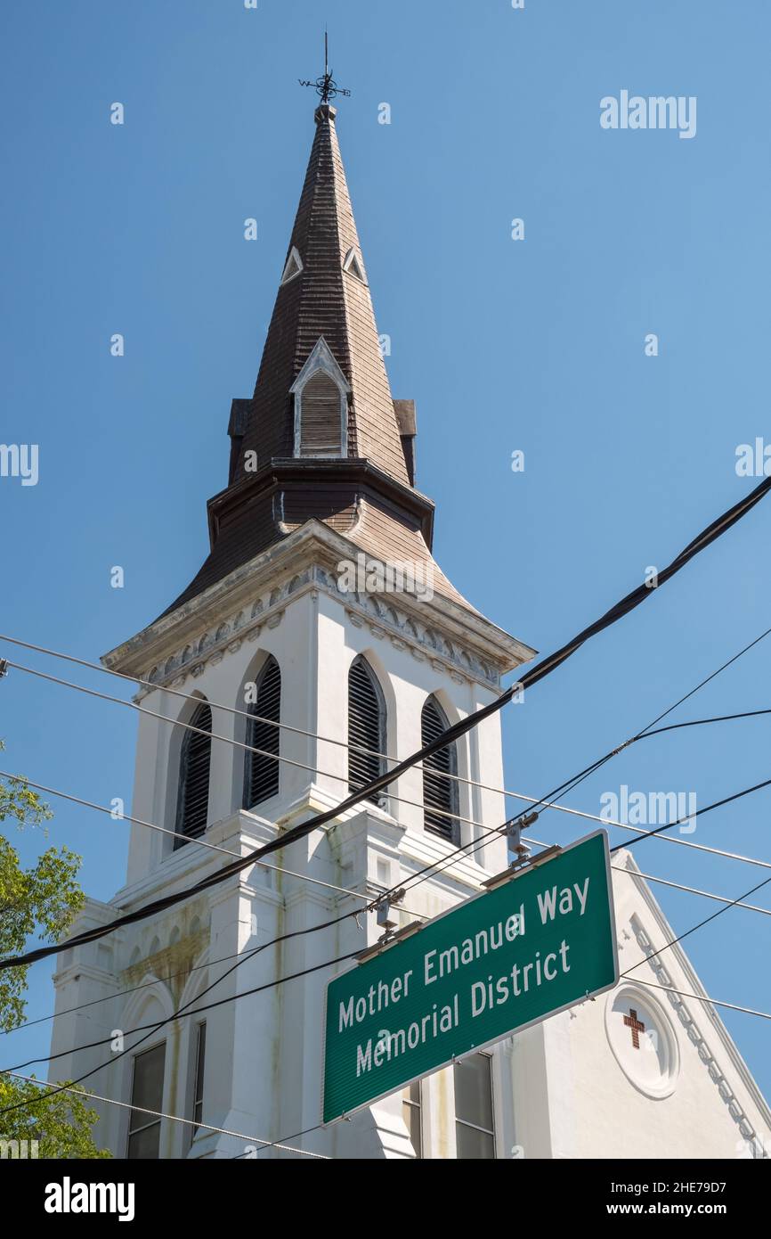 Street sign dedicated to the Mother Emanuel African Methodist Episcopal in Charleston, South Carolina. Nine members of the historic African-American church were gunned down by a white supremacist during bible study on June 17, 2015. Stock Photo