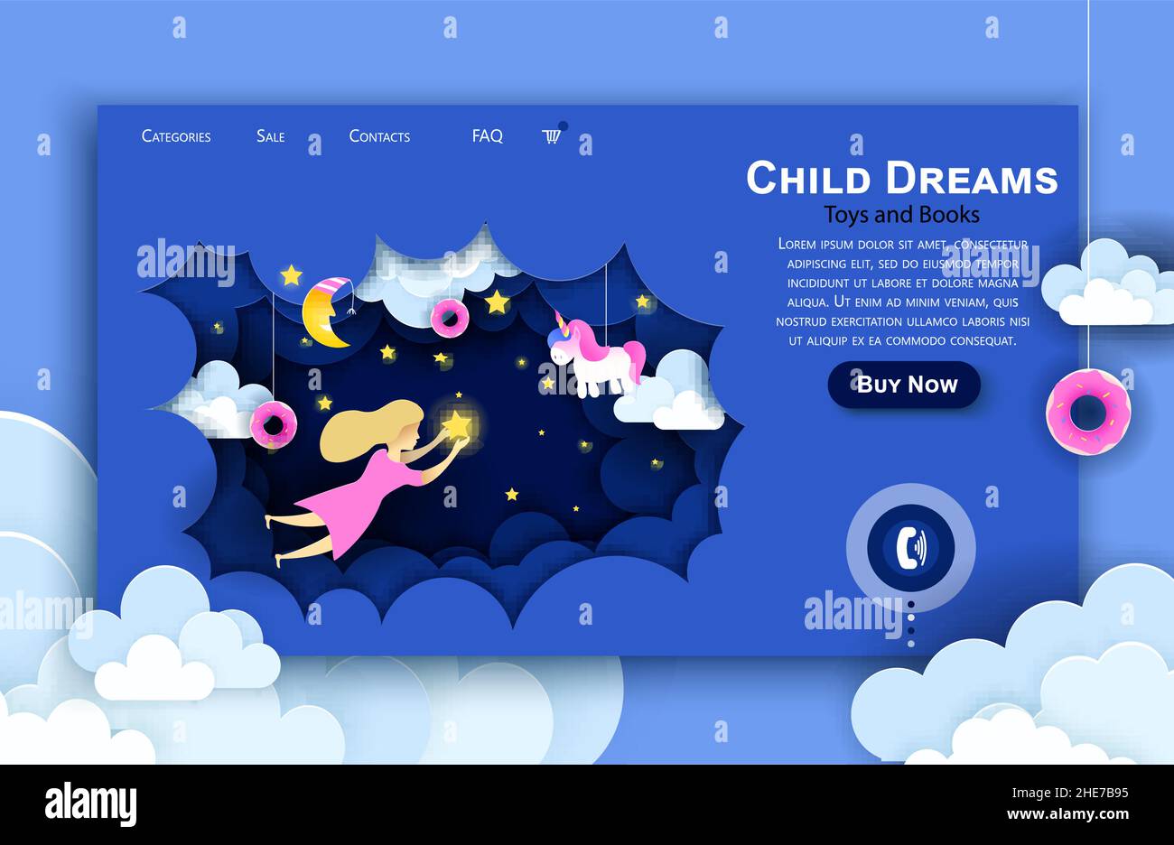 Vector web site paper art design template. Child touching the stars in the sky. Kids dream. Landing page illustration concepts for website and mobile Stock Vector