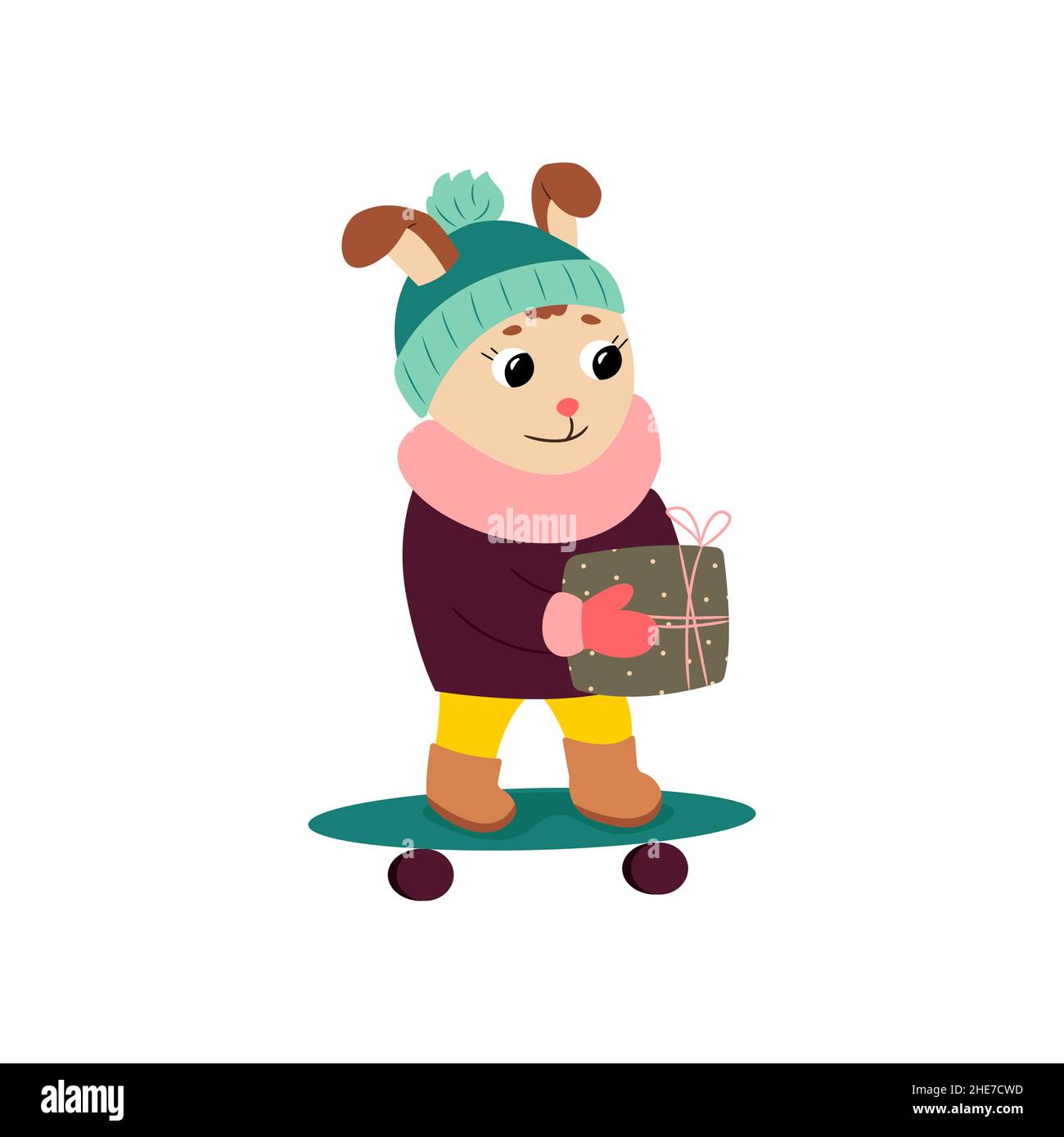 Cute rabbit on a skateboard in winter clothes with a gift in his hands