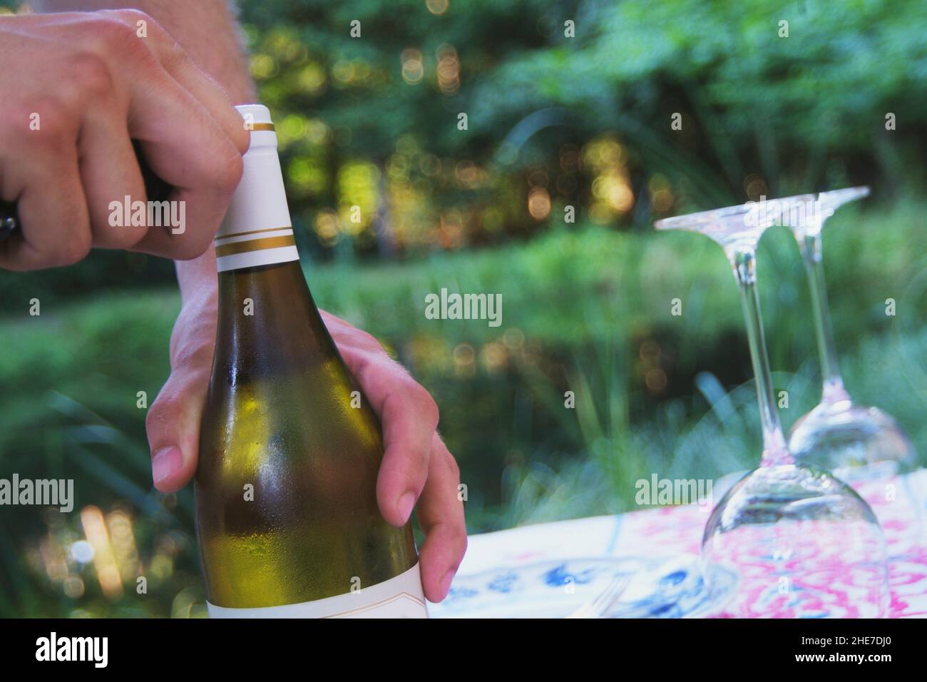 Weinflasche wird geöffnet, drauße im Garten | winebottle is being opened outside in the garden Stock Photo