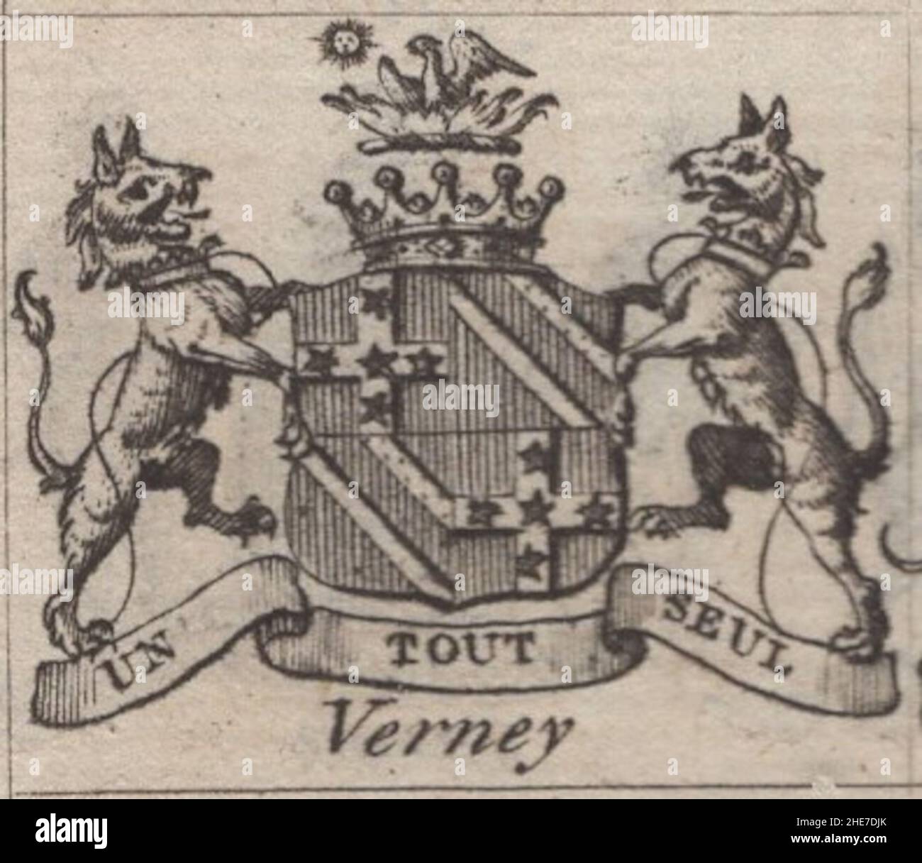 Historical antique 18th century engraving heraldy coat of arms, crest,  Irish Earl Verney , Motto / slogan: Un Tout Seul by Woodman & Mutlow fc russel co circa 1780s Source: original engravings from  the annual almanach book. Stock Photo