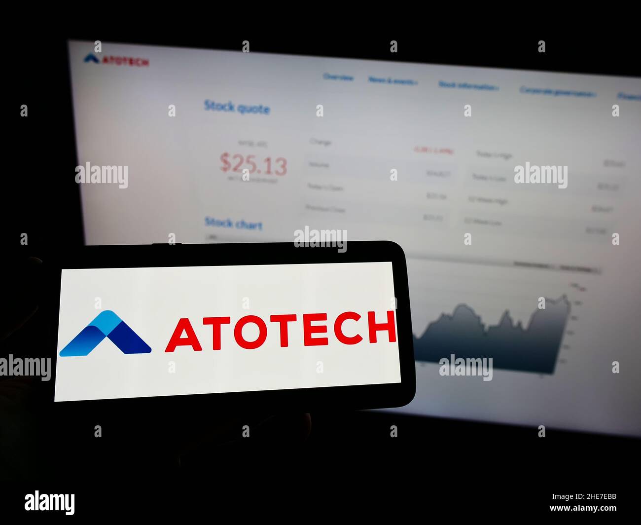 Person holding mobile phone with logo of chemical company Atotech Deutschland GmbH on screen in front of business webpage. Focus on phone display. Stock Photo