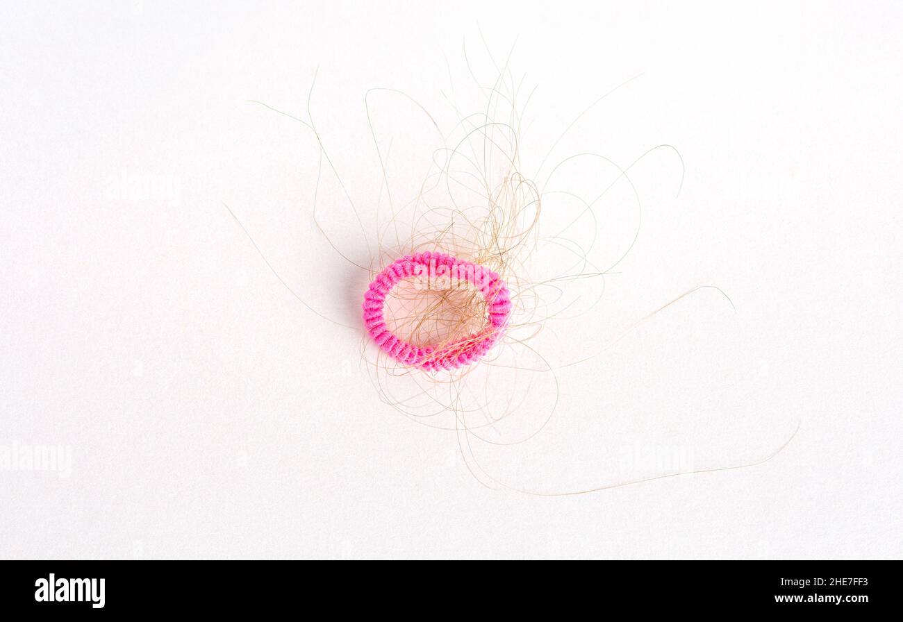 Lost hair on hair ties. The problem of women. Consequences of covid Stock Photo