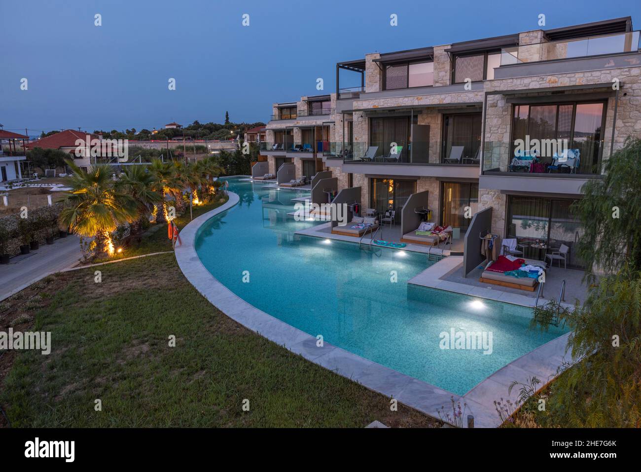 Beautiful evening view of hotel rooms with own pool.  Greece. Nea Potidaea. Stock Photo