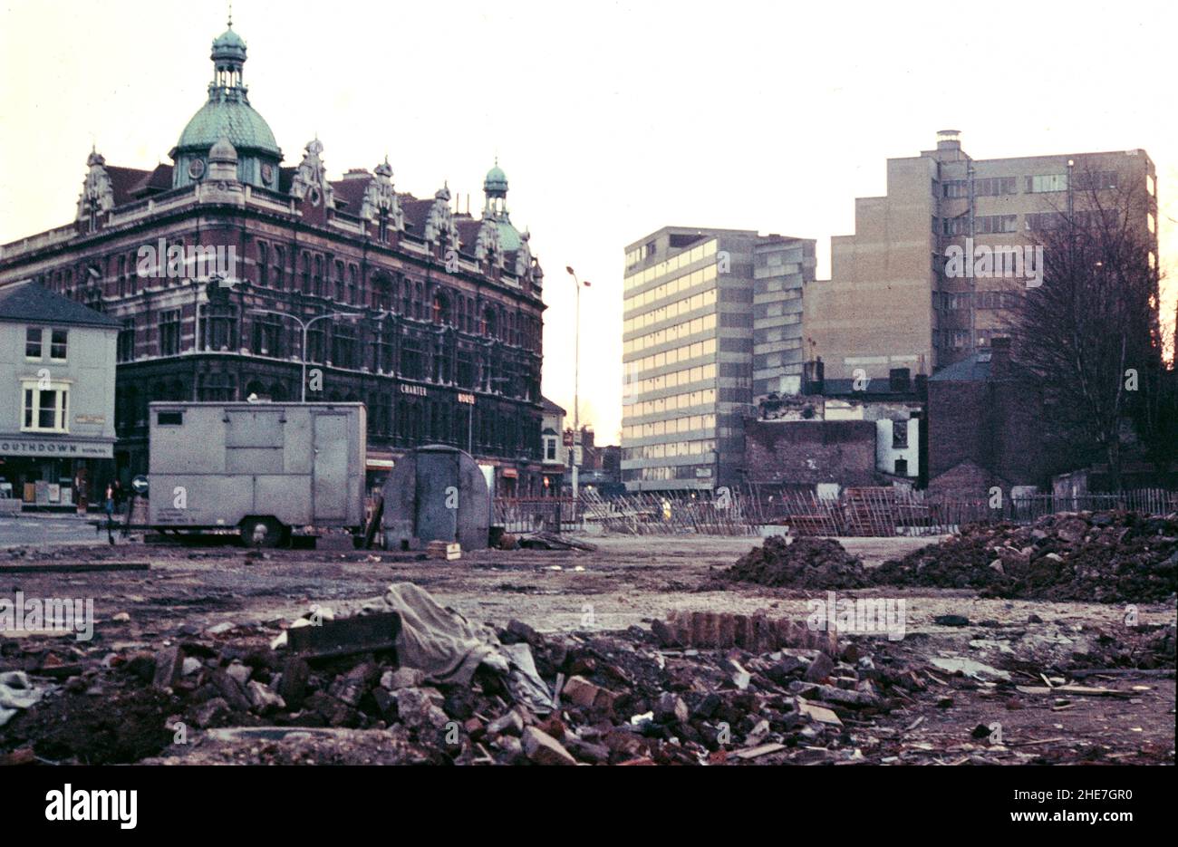 Portsmouth bomb site still remaining in the 1970's - Portsmouth city centre with Charter House background left and Mercantile House background centre, Portsmouth, Hampshire, England, UK - the site is now St Andrews Court Stock Photo