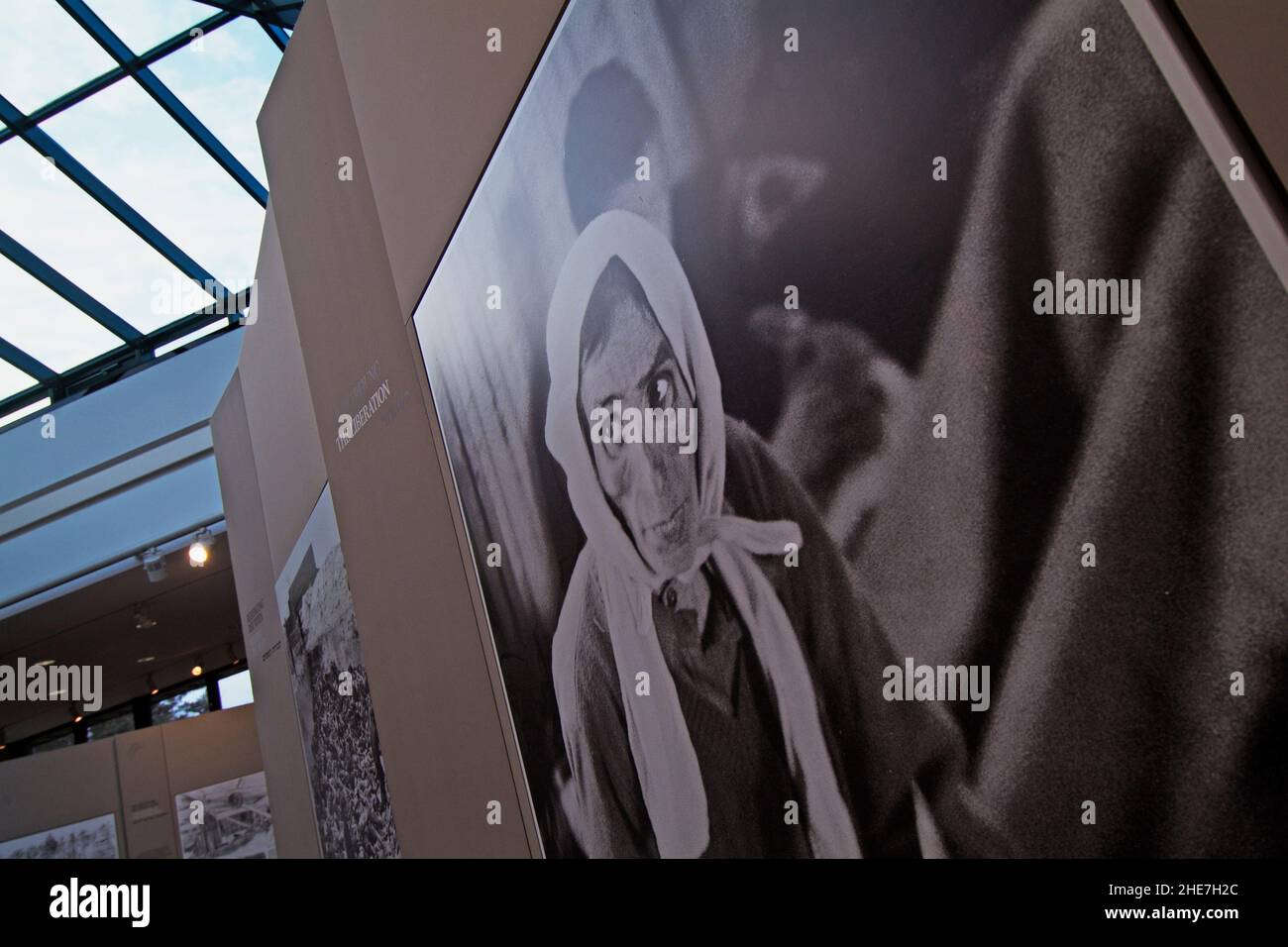 Gedenkstätte Bergen-Belsen, Foto im Dokumentenhaus, Landkreis Celle, Niedersachsen, Deutschland, Europa | Bergen-Belsen Memorial, photo in the Documen Stock Photo