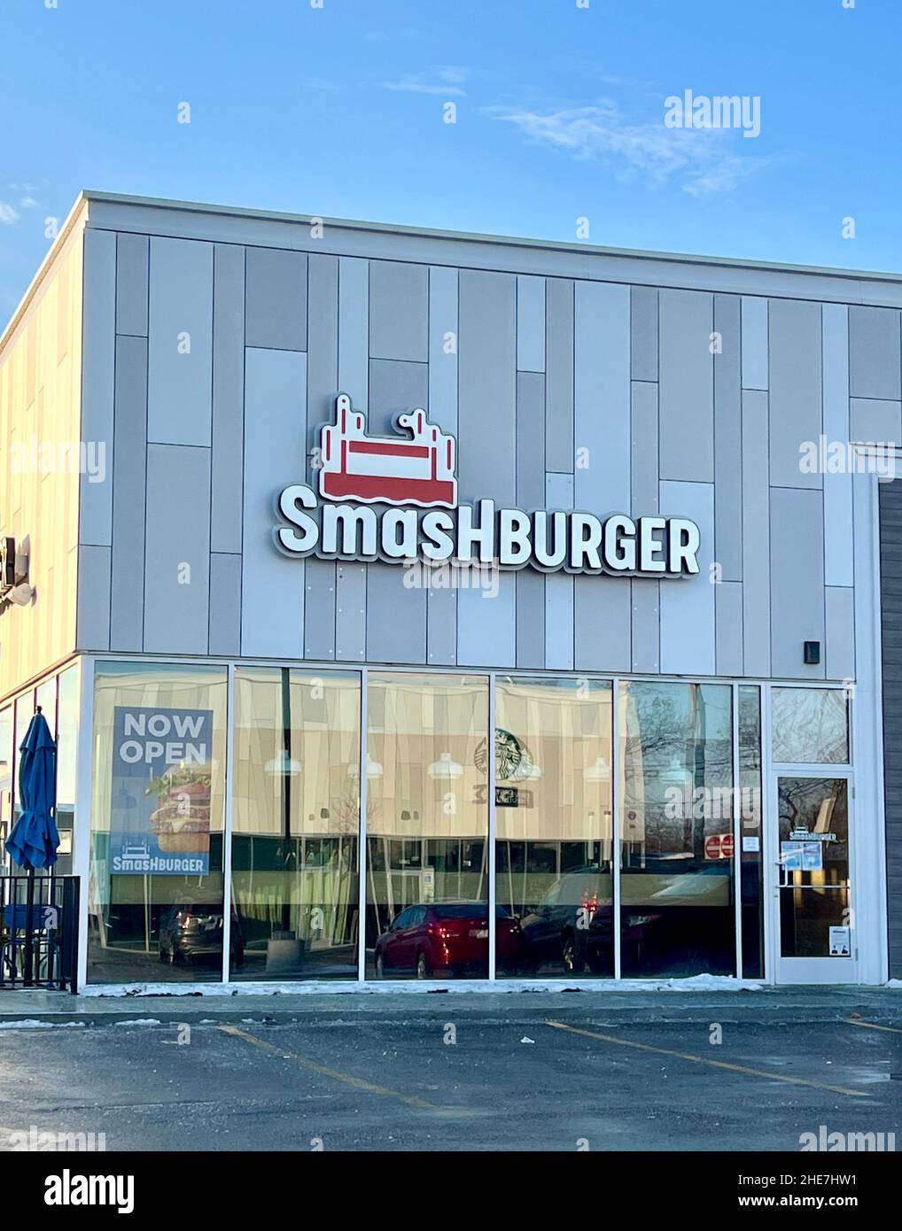 Front entrance of a newly opened Smashburger restaurant in a Chicago