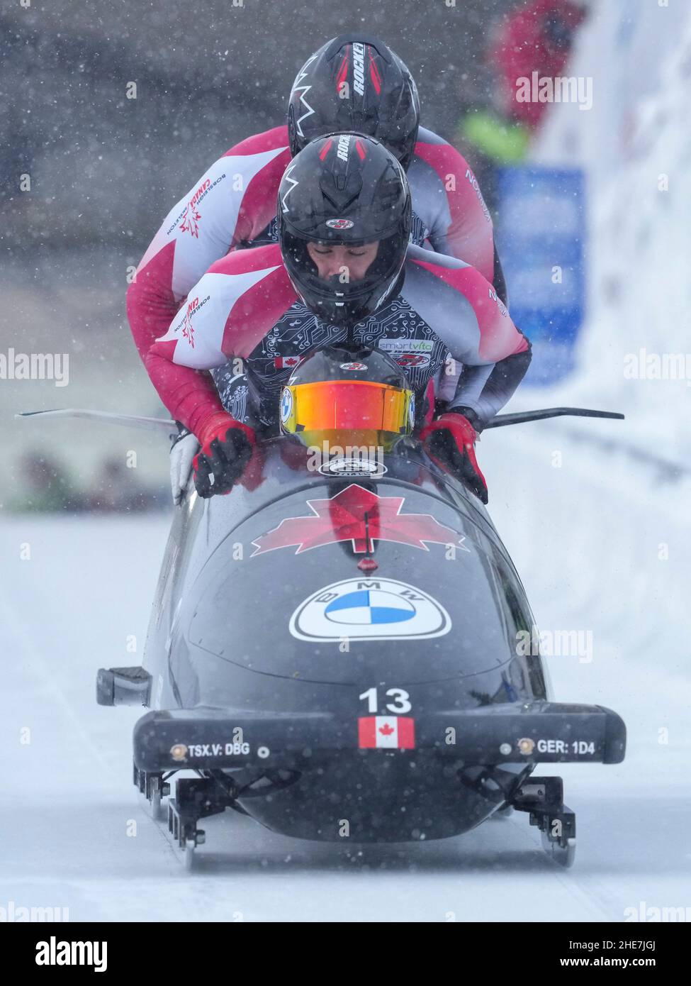 Winterberg, Germany. 09th Jan, 2022. WINTERBERG, GERMANY - JANUARY 9: Christopher Spring, Mike Evelyn, Cody Sorensen, Samuel Giguere of Canada compete in the 4-man Bobsleigh during the BMW IBSF Bob & Skeleton World Cup at VELTINS-EisArena on January 9, 2022 in Winterberg, Germany (Photo by Patrick Goosen/Orange Pictures) Credit: Orange Pics BV/Alamy Live News Stock Photo