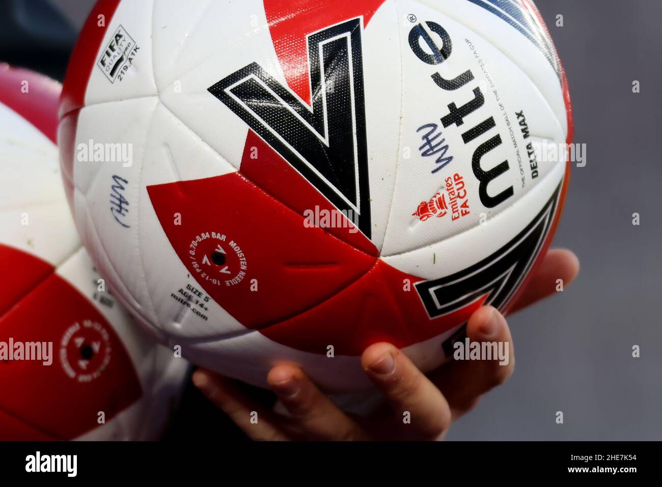 London, UK. 9th January 2022: London Stadium, London, England; FA Cup 3rd round football West Ham versus Leeds; The F.A Cup official match ball is seen Credit: Action Plus Sports Images/Alamy Live News Stock Photo