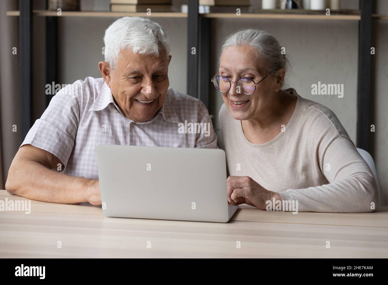 Loving smiling elderly couple using laptop at home. Stock Photo
