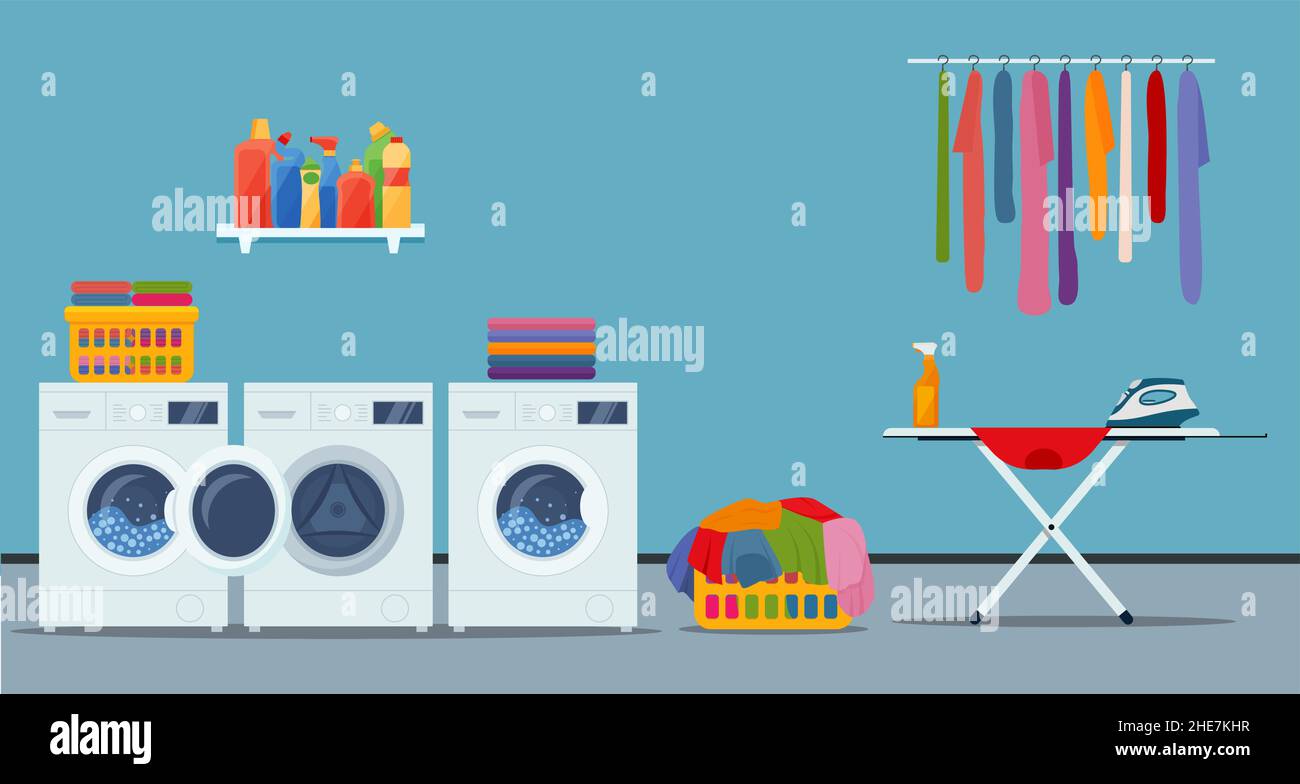 Laundry room interior with washing machine, ironer, iron, clothes and