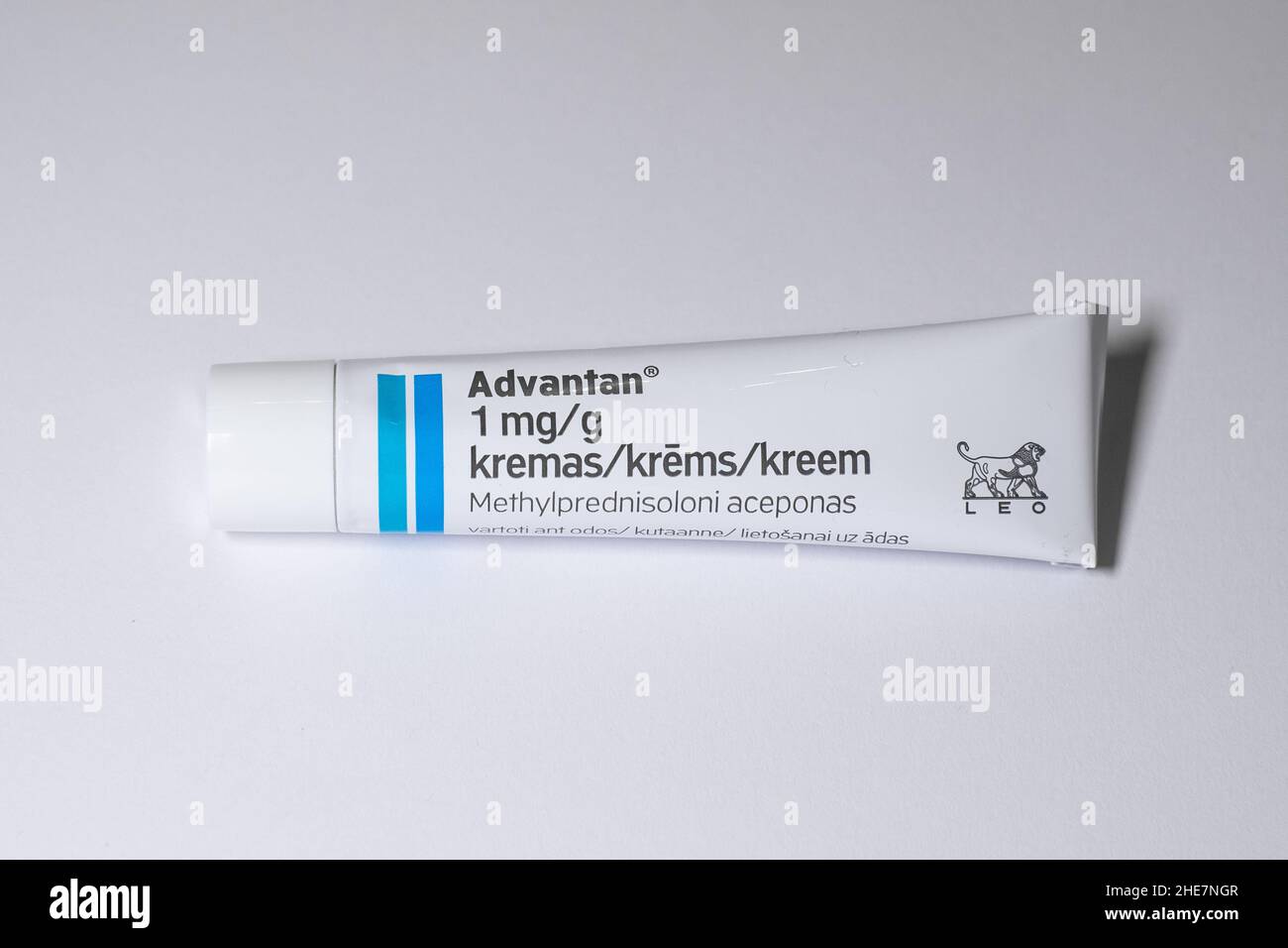 Advantan Methylprednisolone aceponate creme by Leo Pharma. Topical steroid that relieves redness, swelling, itching and irritation in eczema and psori Stock Photo