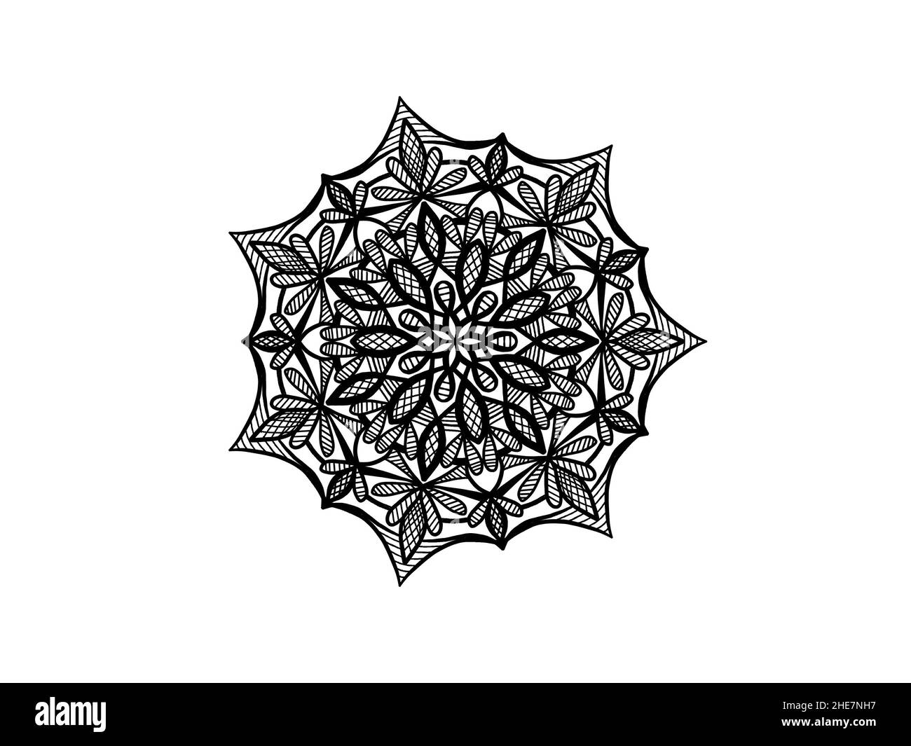 black and white floral mandala with leaves ornament hand drawn Stock ...