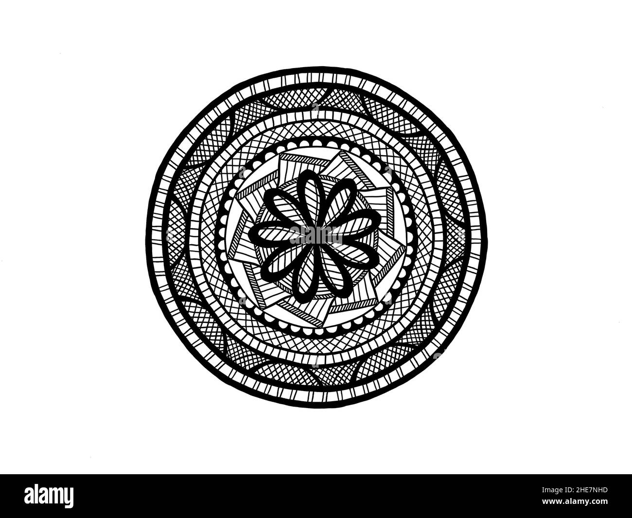 black and white floral mandala with leaves ornament hand drawn Stock ...