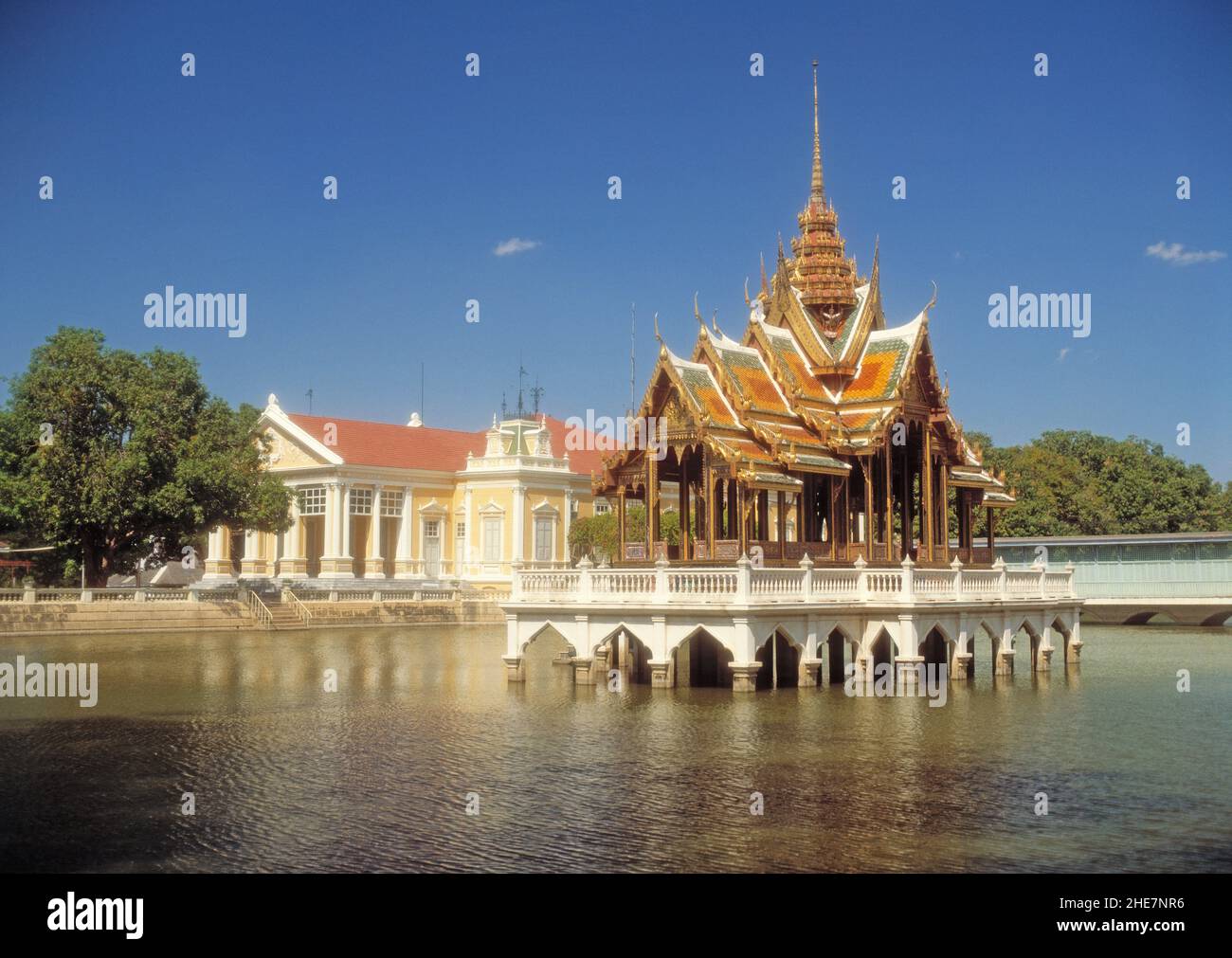 Thailand. Ayutthaya. Bang Pa In Palace. Aisawan Thiphya-Art Pavilion and lake. Stock Photo