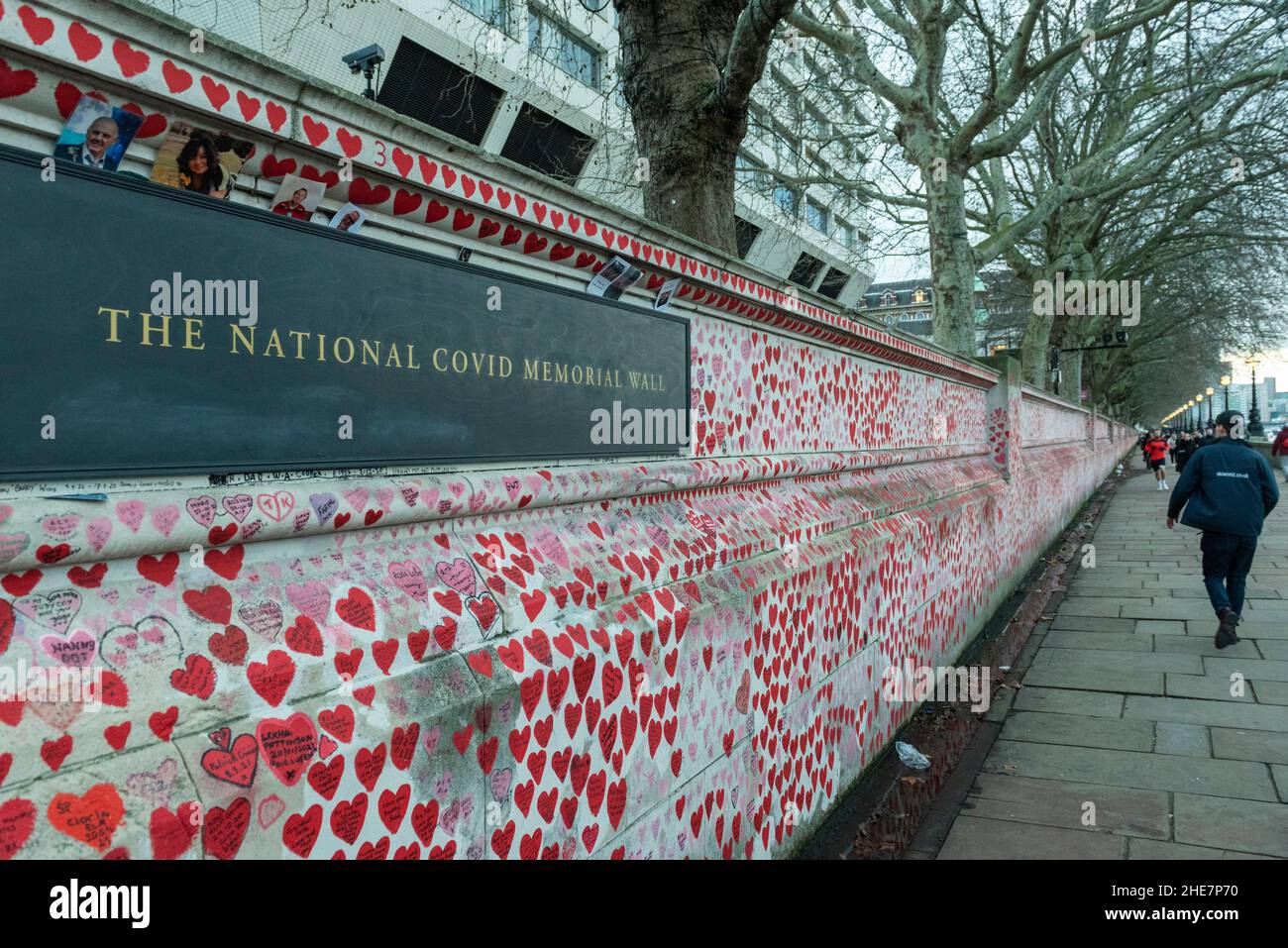 London, UK.  9 January 2022.  People view the National Covid Memorial Wall where each painted heart represents someone who died due to the ongoing coronavirus pandemic.  The UK has just passed 150,000 recorded deaths.  Credit: Stephen Chung / Alamy Live News Stock Photo
